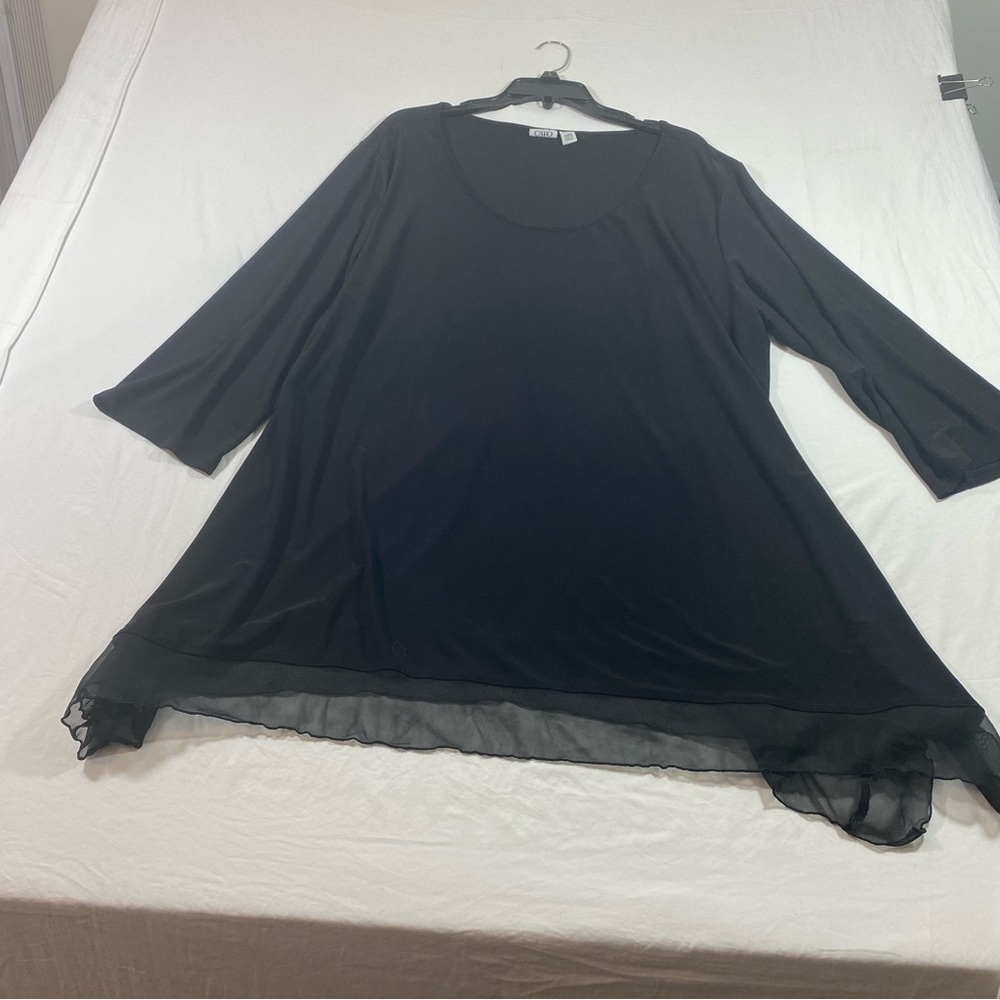 Cato Sheer Black tunic Top Asymmetrical scoop neckline 3/4 sleeve size 26/28 W
